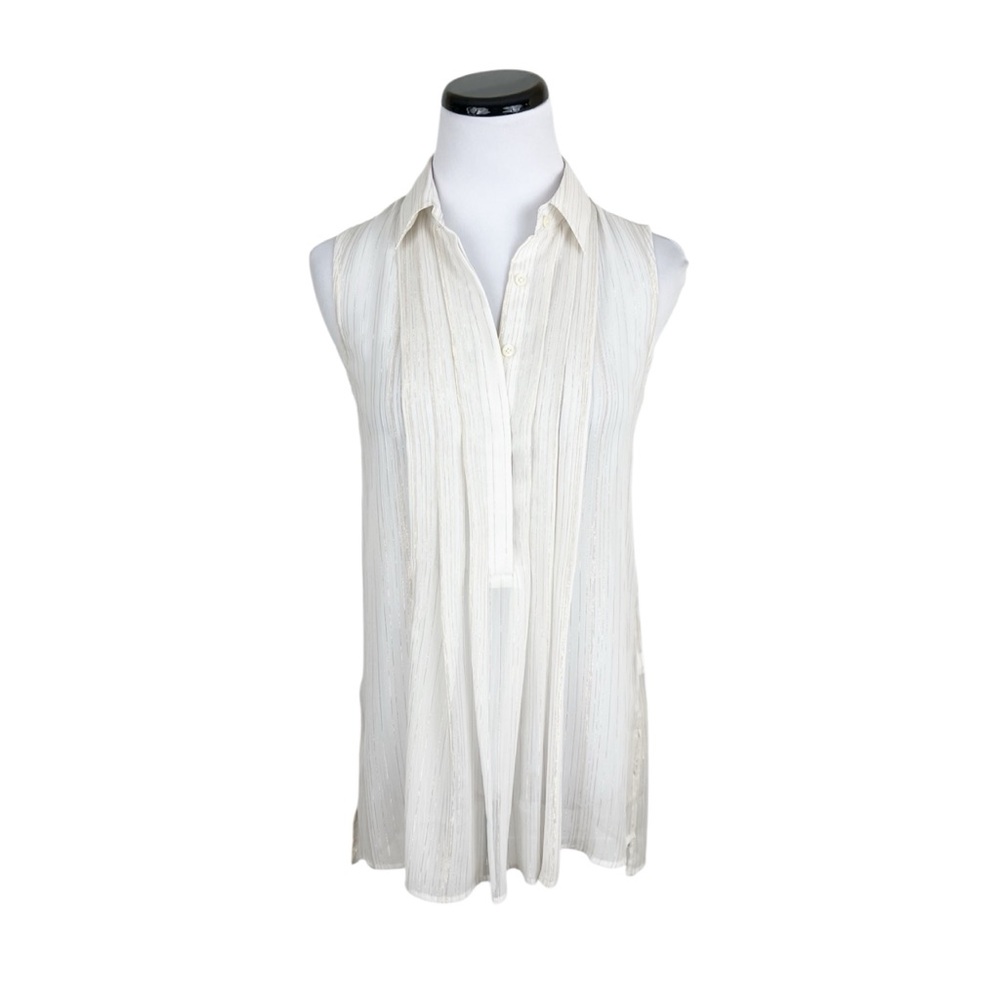 Banana Republic Sheer Pleated Metallic Stripe Sleeveless Button Blouse Size XS